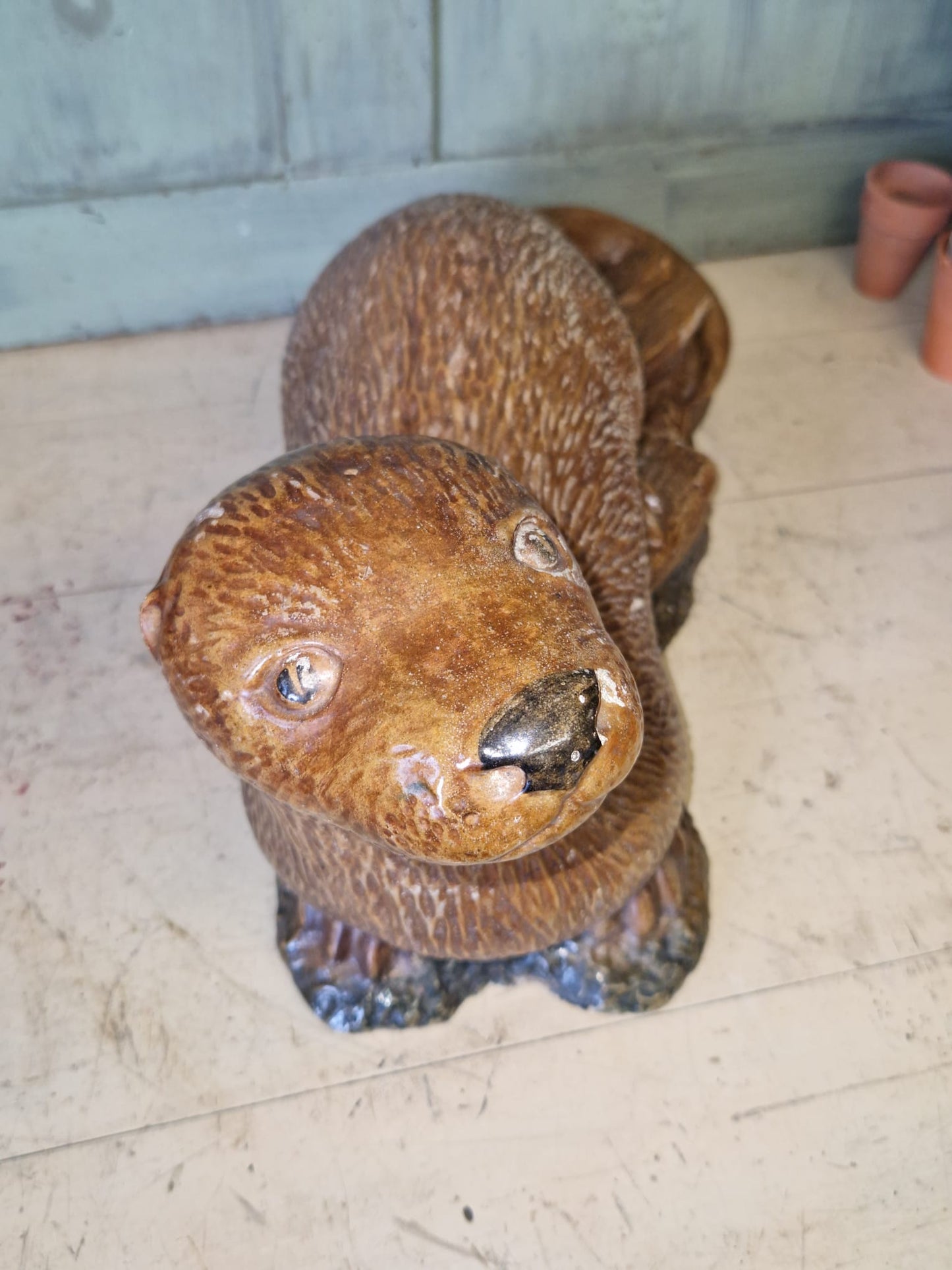 Vintage Hand Painted / Salt Glazed Otter - Garden Ornament