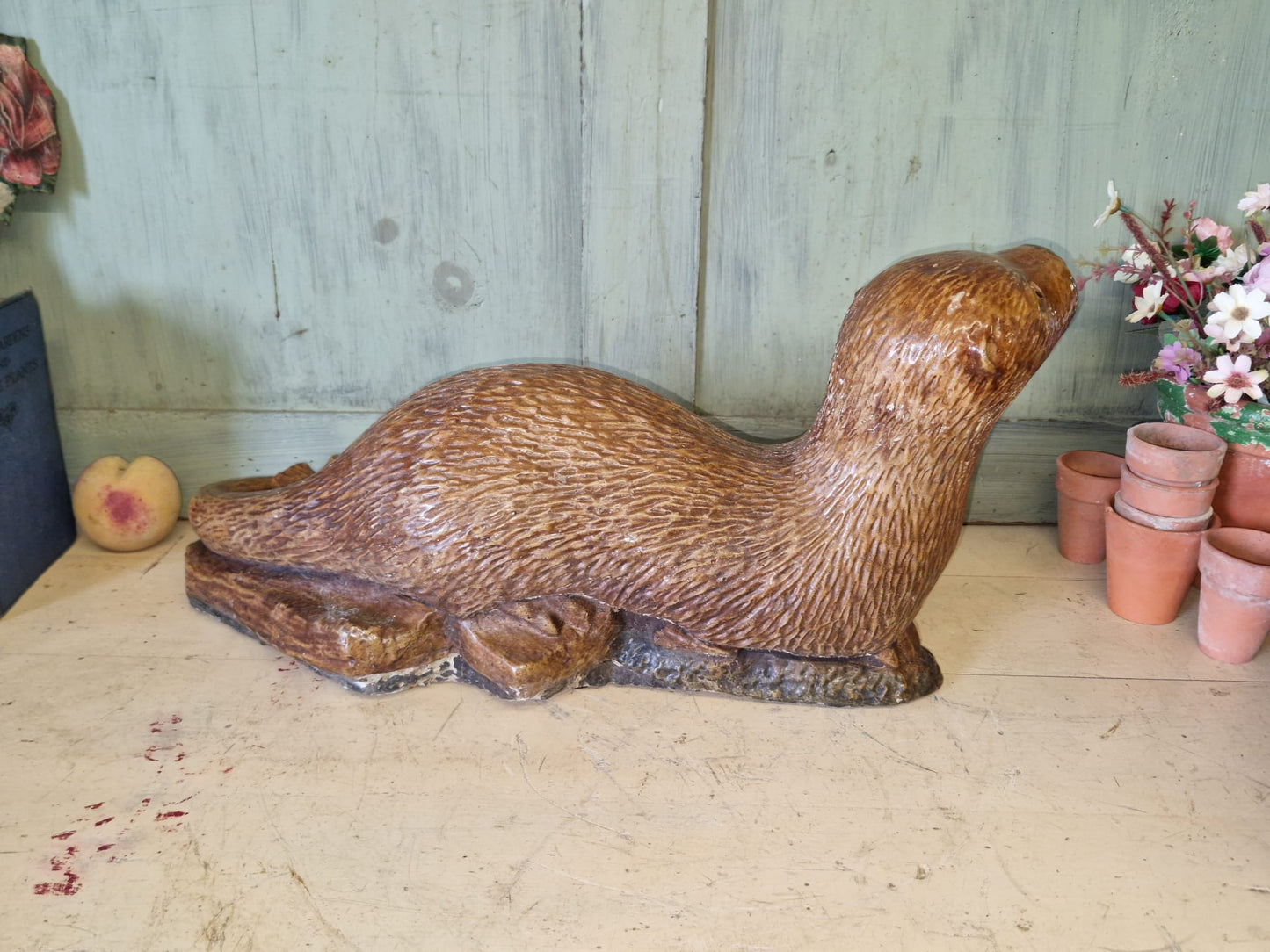 Vintage Hand Painted / Salt Glazed Otter - Garden Ornament