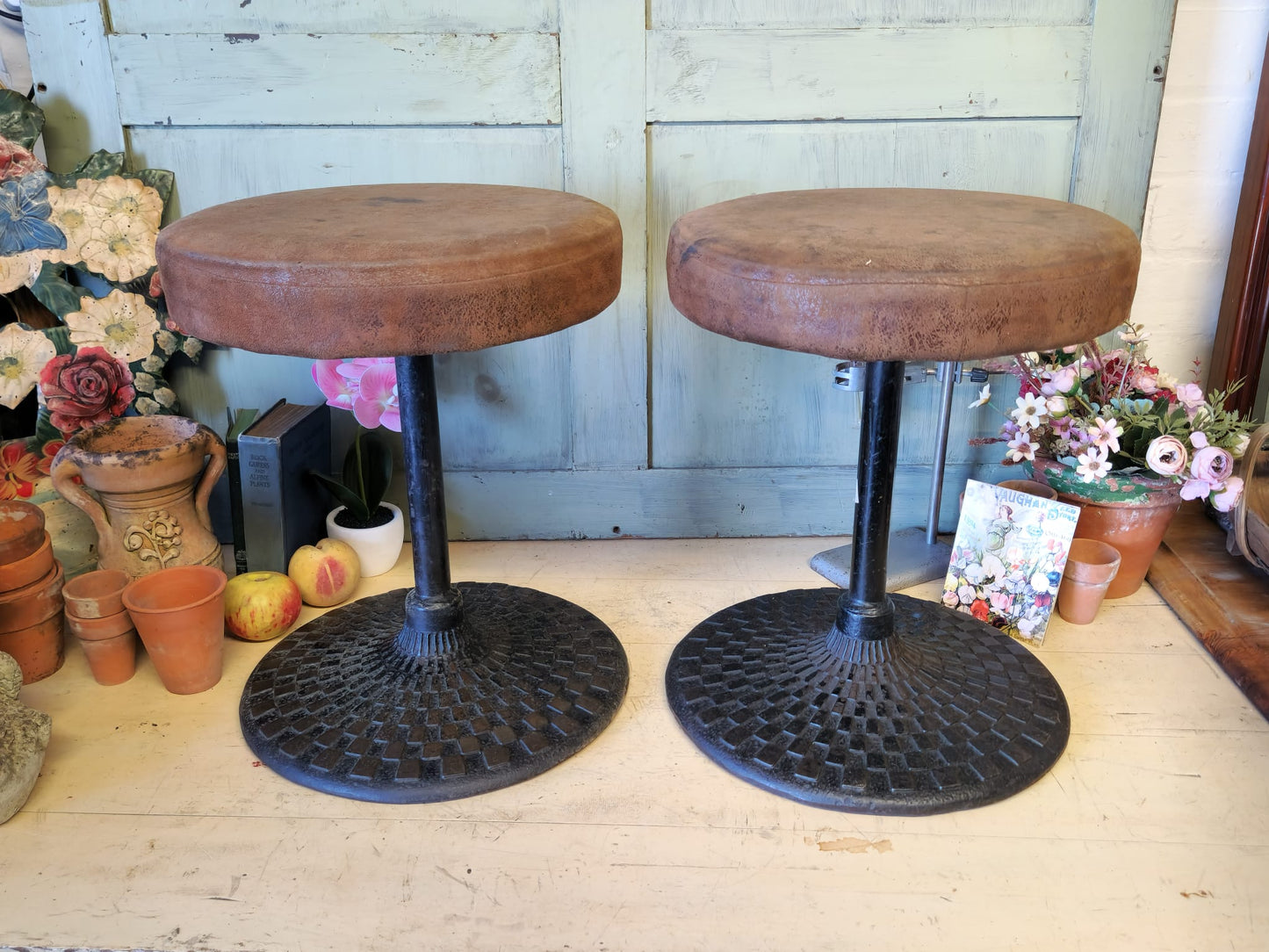 Vintage Quality Pub Stool X 4 Cast Iron Antique Used Bar Furniture Heavy