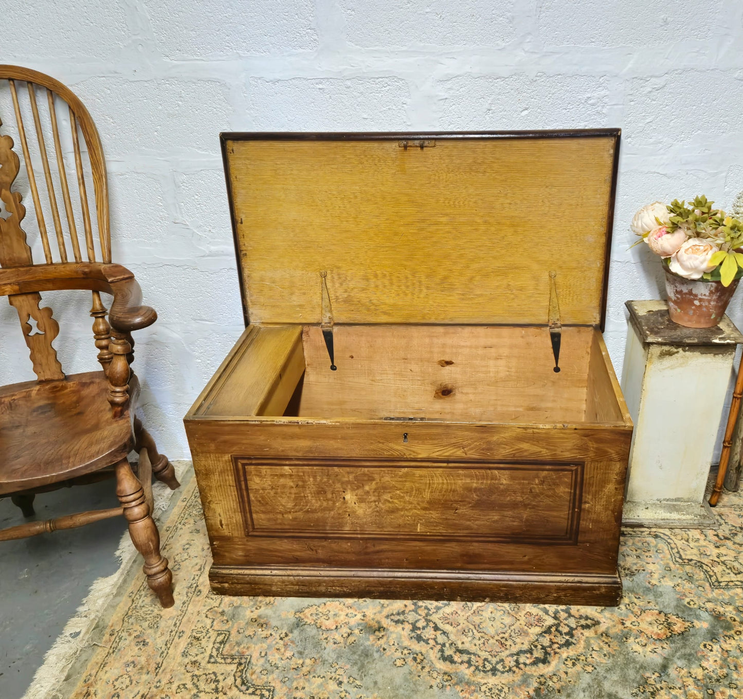 Antique Pine Blanket Box With Original Scumbling Wooden Storage Trunk Scumble