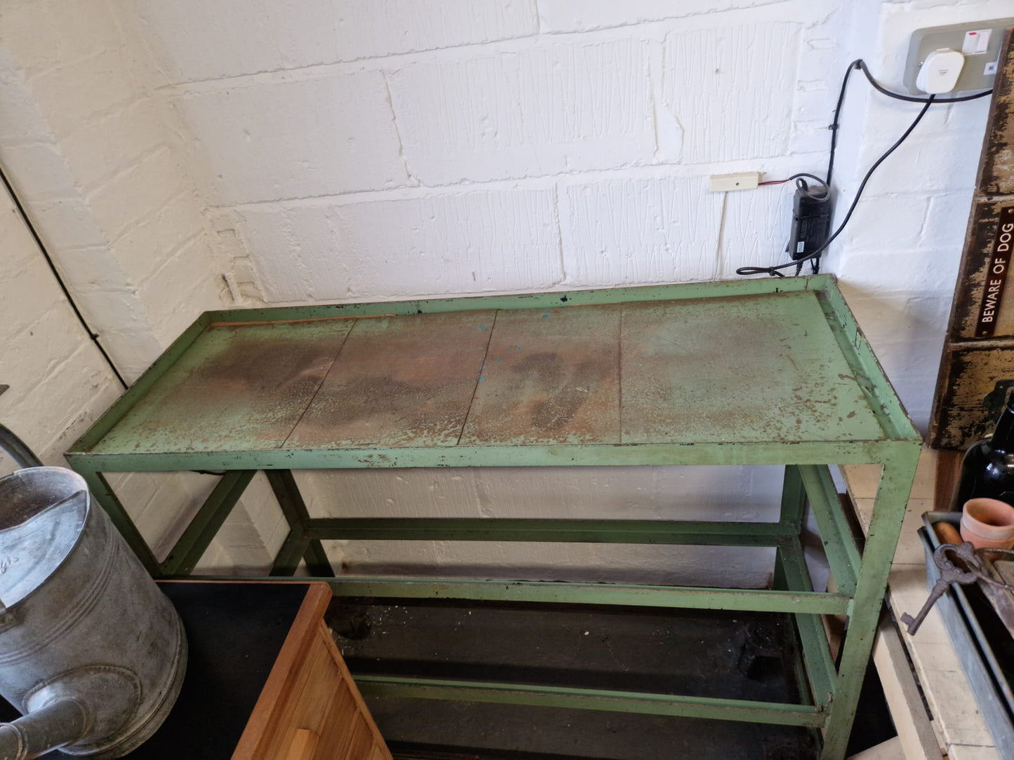 Vintage Green Metal Shoe Factory Shelving Rack Trolley, Mid 20th Century