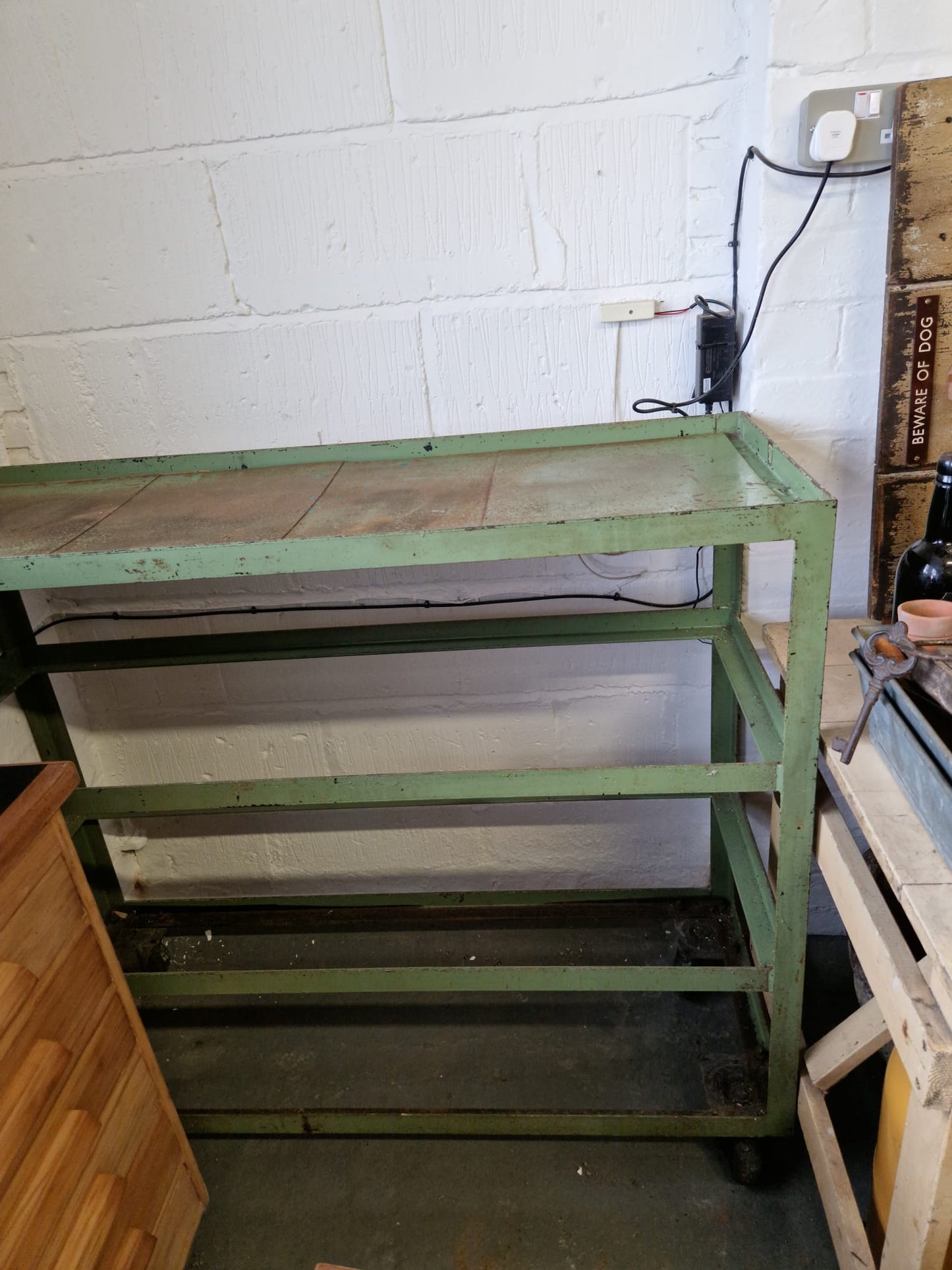 Vintage Green Metal Shoe Factory Shelving Rack Trolley, Mid 20th Century