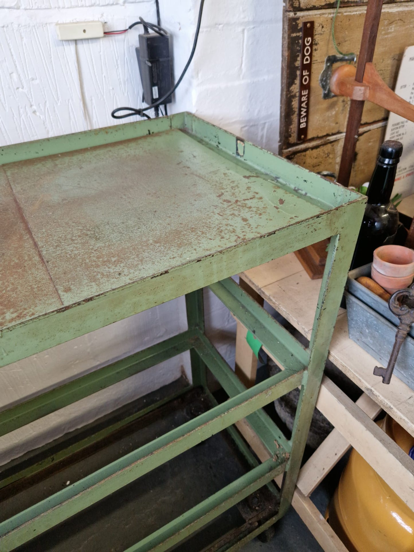 Vintage Green Metal Shoe Factory Shelving Rack Trolley, Mid 20th Century