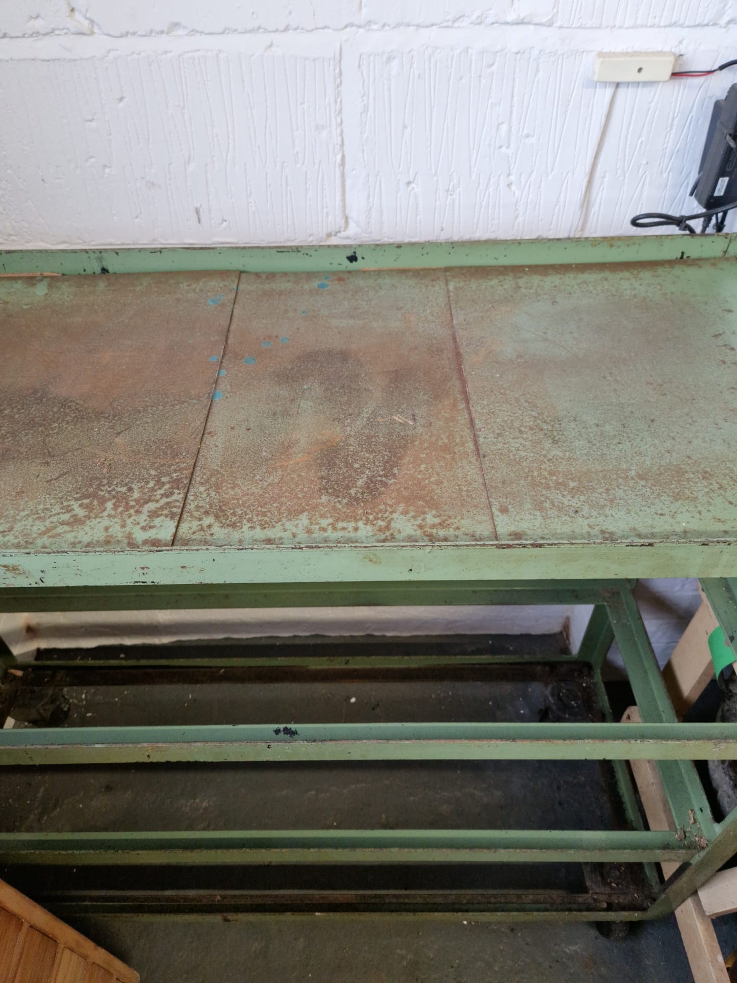 Vintage Green Metal Shoe Factory Shelving Rack Trolley, Mid 20th Century