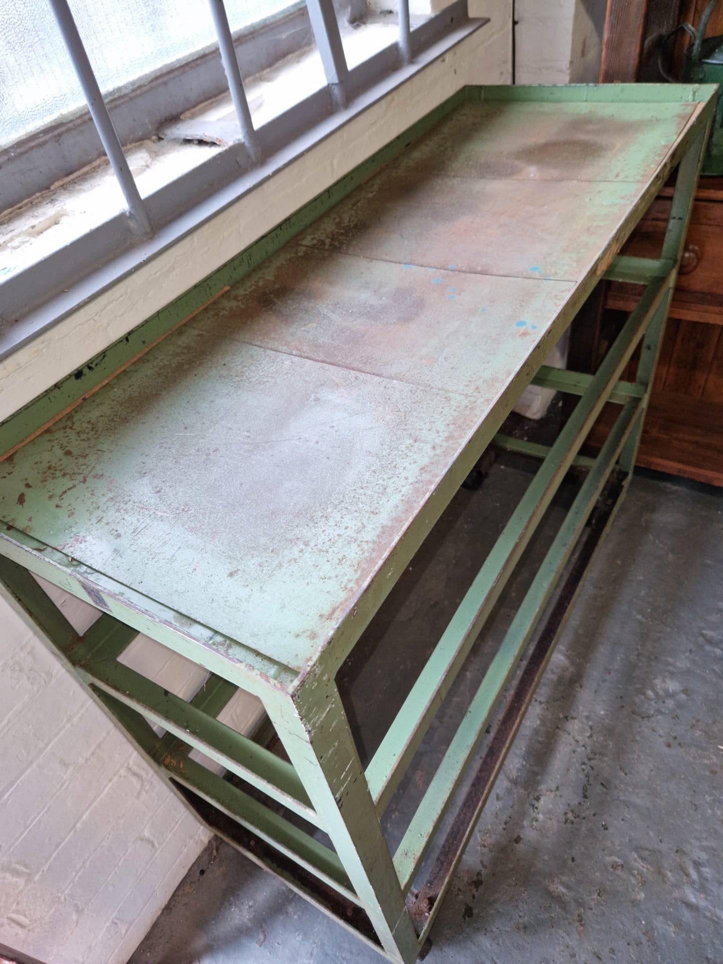 Vintage Green Metal Shoe Factory Shelving Rack Trolley, Mid 20th Century