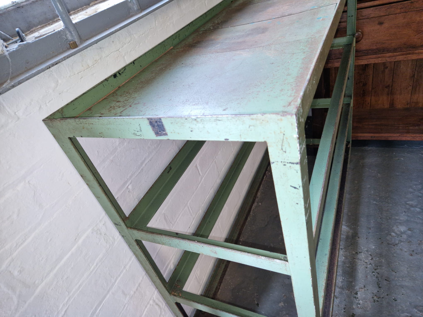 Vintage Green Metal Shoe Factory Shelving Rack Trolley, Mid 20th Century