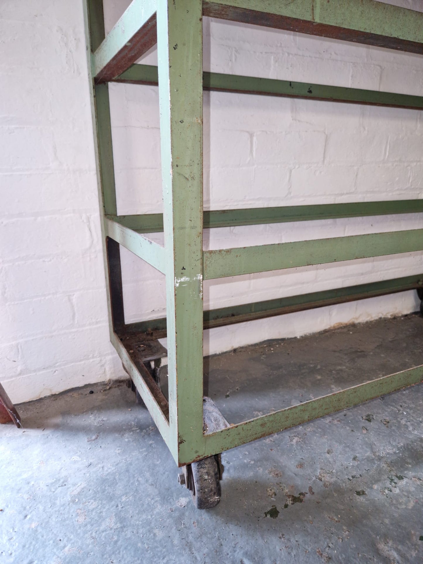 Vintage Green Metal Shoe Factory Shelving Rack Trolley, Mid 20th Century
