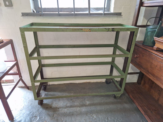 Vintage Green Metal Shoe Factory Shelving Rack Trolley, Mid 20th Century
