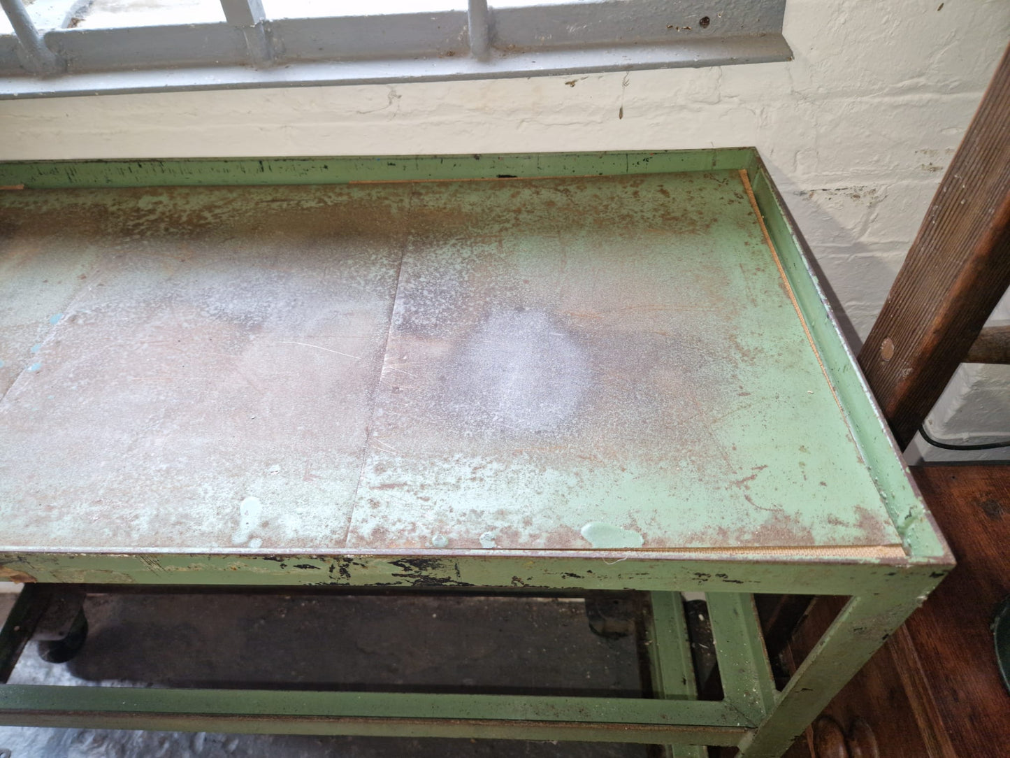 Vintage Green Metal Shoe Factory Shelving Rack Trolley, Mid 20th Century