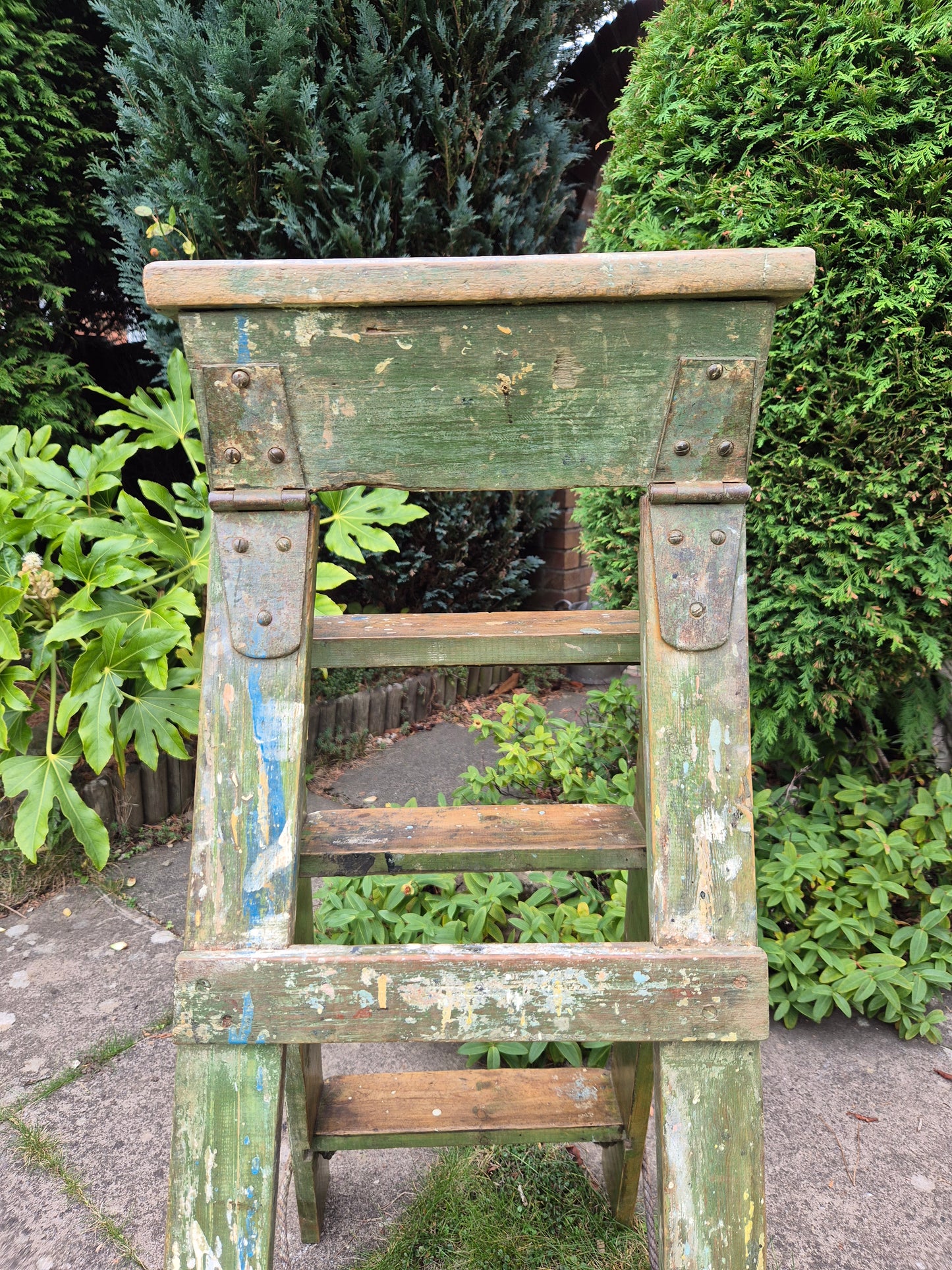Vintage Green Pine Step Ladders with Original Paintwork Great TV Prop Display Shelves