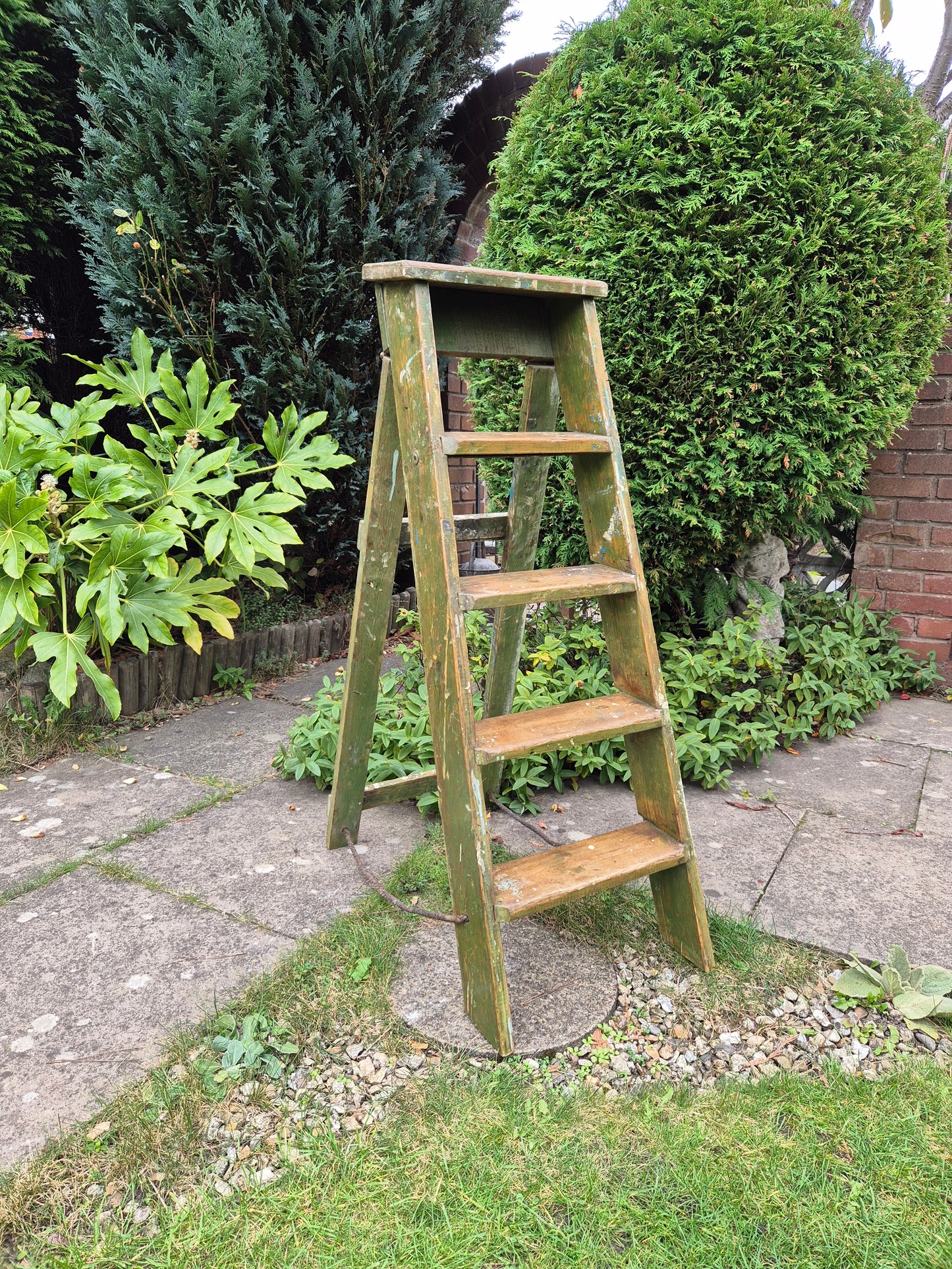 Vintage Green Pine Step Ladders with Original Paintwork Great TV Prop Display Shelves