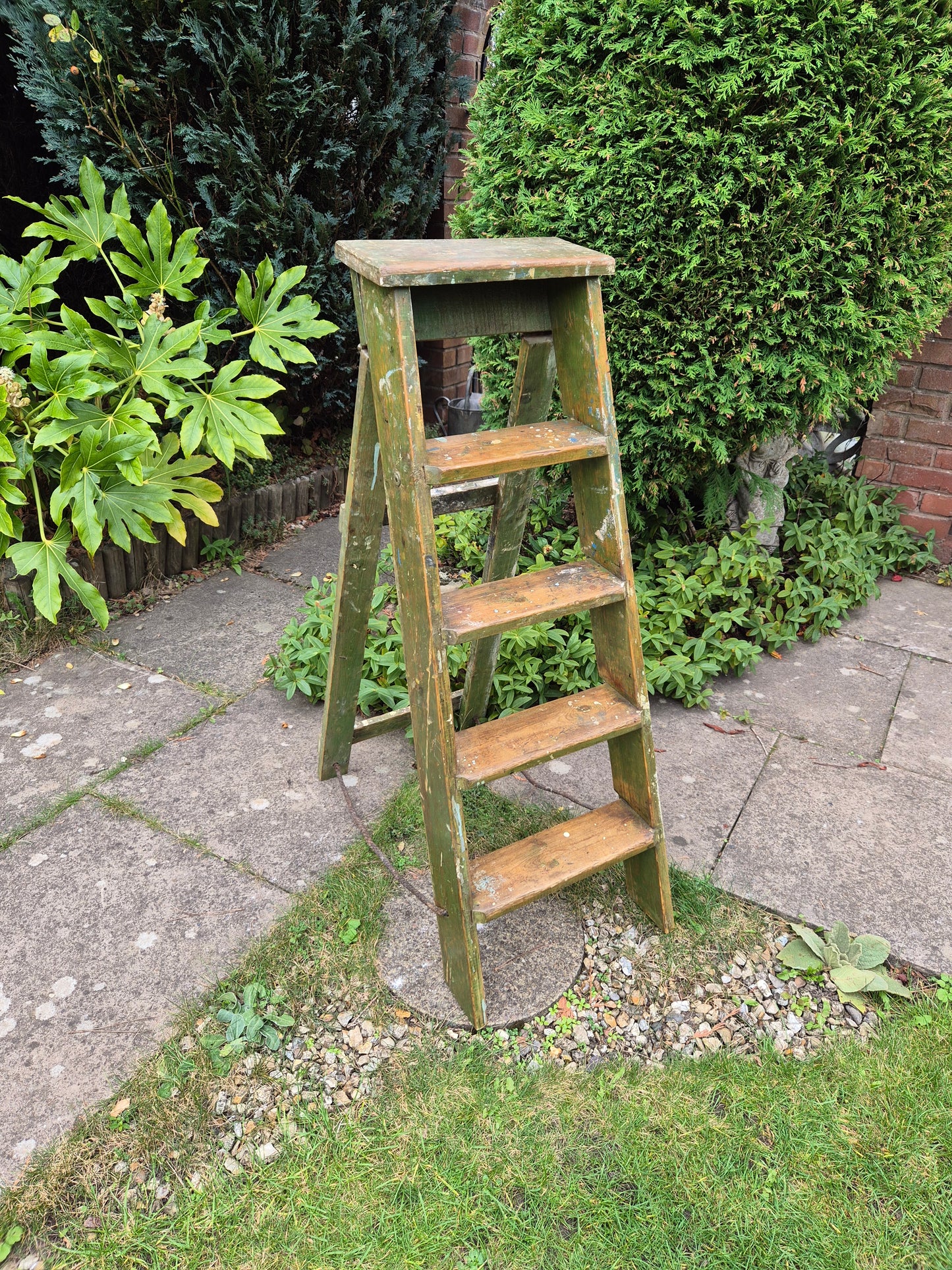 Vintage Green Pine Step Ladders with Original Paintwork Great TV Prop Display Shelves