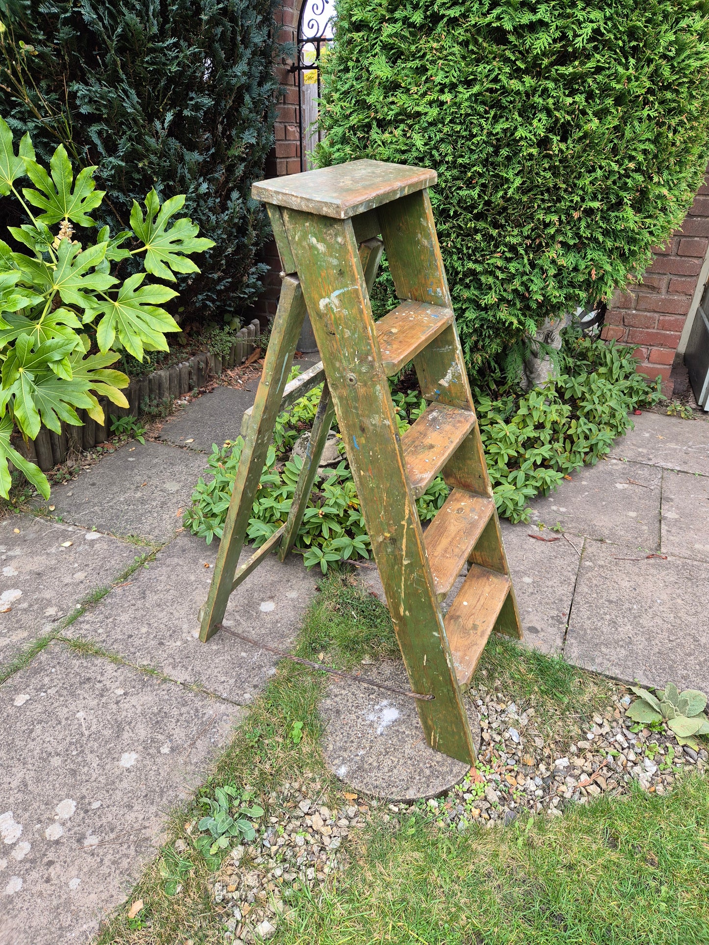 Vintage Green Pine Step Ladders with Original Paintwork Great TV Prop Display Shelves