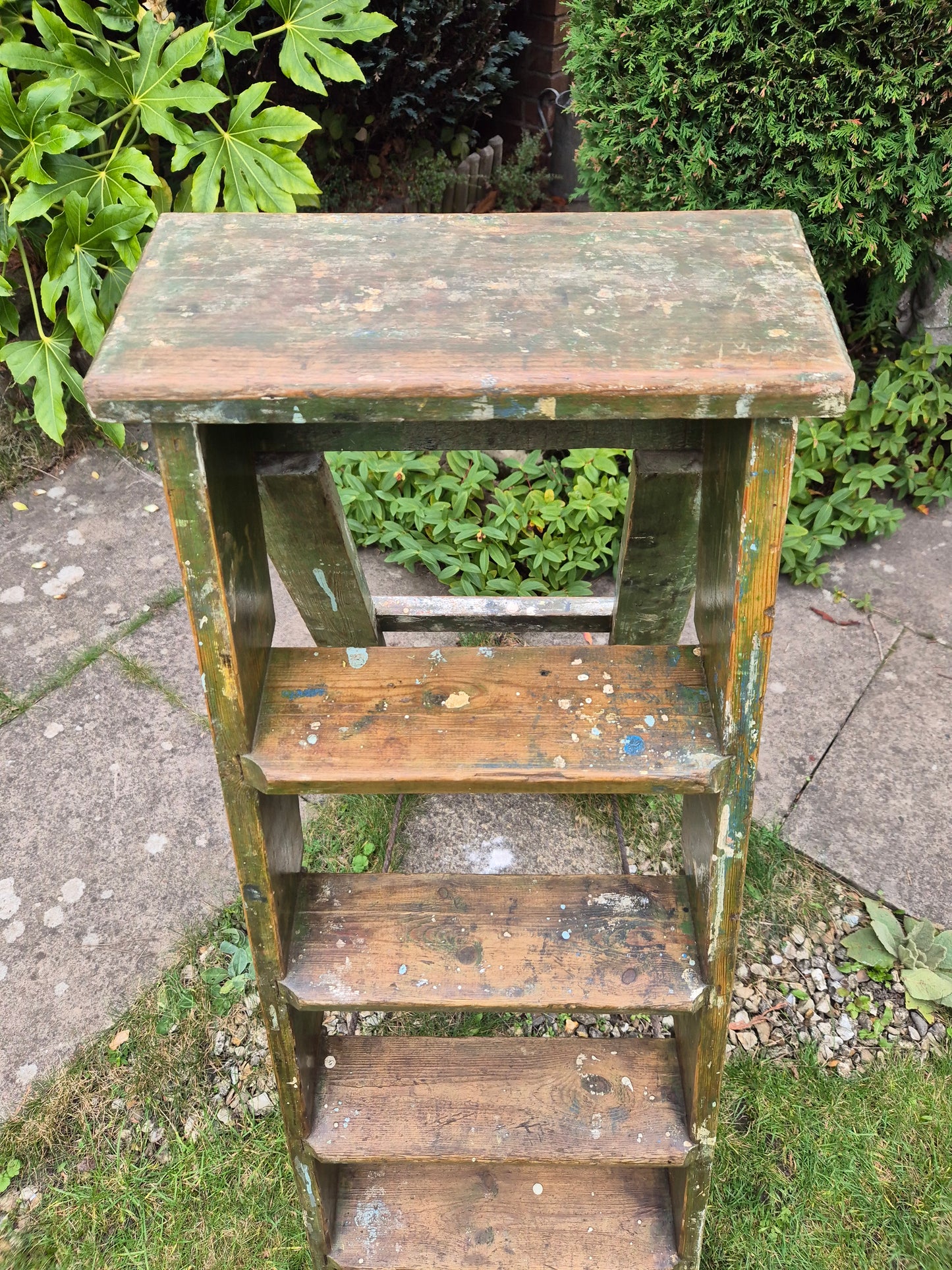 Vintage Green Pine Step Ladders with Original Paintwork Great TV Prop Display Shelves